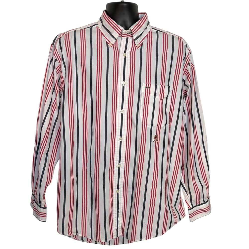Vtg 90s Tommy Hilfiger Striped Shirt Men L Red White Blue Crest Button Down